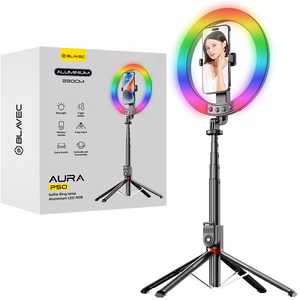 Blavec Selfie Ring Lamp Aluminium Aura LED RGB P-50 25 cm kolmijalka + kauko-ohjain + 2,3 m musta (vaurioitunut pakkaus)