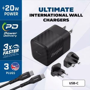 Energizer Ultimate A20MUC GaN-matkalaturi EU-, UK- ja US-pistokkeilla, USB-C, 20 W PD, USB-C-kaapelilla, musta