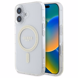 Guess GUHMP16MHFGERET iPhone 16 Plus 6.7" läpinäkyvä kovakuori IML Glitter Circle MagSafe