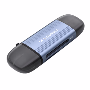 Harmaa alumiininen SD- ja microSD-muistikortinlukija Wozinsky WCR-5G USB-A 3.0 / USB-C 3.0 -liitännällä