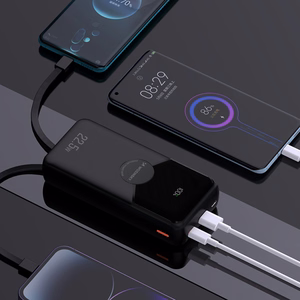 Wozinsky WFC-15B 20000mAh 22.5W varavirtalähde, PD20W, sisäänrakennetut Lightning- ja USB-C-kaapelit, musta