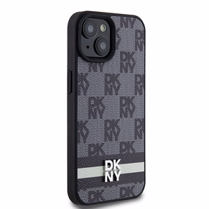 DKNY Nahkainen Checkered Mono Pattern & Printed Stripes Suojakuori iPhone 15/14/13:lle - musta