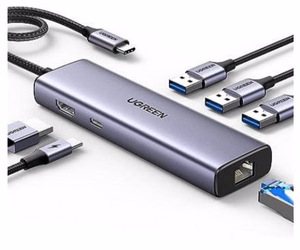Ugreen CM512 15598 6in1 USB-C-keskitin - 3x USB-A 3.0 / HDMI / RJ45 / USB-C PD - harmaa