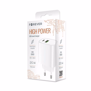 Forever LS-04 laturi 1xUSB QC 3.0 + 1xUSB-C PD 20W (valkoinen)