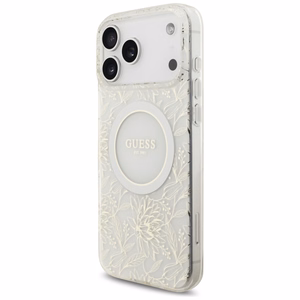 Guess IML Flowers Electro Pearl Strap MagSafe -suojakuori iPhone 17 Pro Max - valkoinen