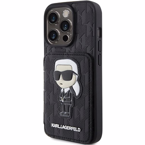 Karl Lagerfeld Saffiano Cardslots and Stand Monogram Ikonik Patch suojakuori iPhone 15 Pro:lle - musta