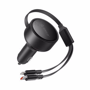 Orico Dual Stretch 60W USB-C autolaturi kahdella sisäänvedettävällä USB-C + Lightning kaapelilla - musta