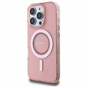 Guess IML Rhinestones MagSafe Suojakuori iPhone 16 Pro:lle - vaaleanpunainen