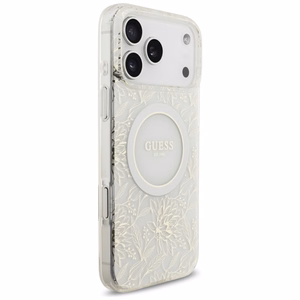 Guess IML Flowers Electro Pearl Strap MagSafe -suojakuori iPhone 17 Pro Max - valkoinen