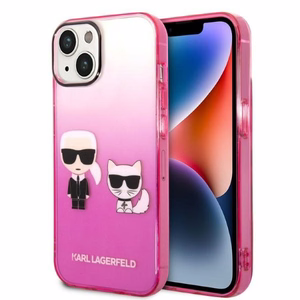 Karl Lagerfeld Gradient Ikonik Karl & Choupette Suojakuori iPhone 14 Pluslle - vaaleanpunainen