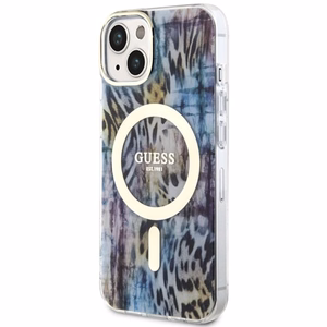 Guess Leopard MagSafe suojakuori iPhone 14:lle - sininen