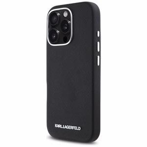 Karl Lagerfeld Saffiano Full Wrapped Elongated Metal Logo MagSafe Suojakuori iPhone 16 Pro Maxille - musta
