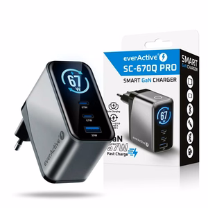 everActive GaN 67W – 67 W GaN-verkkolaturi, 1× USB-A ja 2× USB-C, Quick Charge 4+, musta