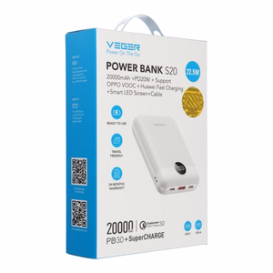 Veger S20 (W2081) -varavirtalähde PD QC3.0 2A 22,5W 20000 mAh, valkoinen