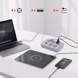 Maclean MCE393 W – jatkojohto pistorasioilla, 4 pistorasiaa + 3×USB, 110–240 V AC, 50/60 Hz, 2,1 A, enintään 2500 W, 3 m, valkoinen