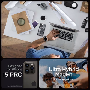 Spigen Ultra Hybrid Mag Suojakuori MagSafella iPhone 15 Pro:lle - Tummanharmaa (Zero One Pattern)