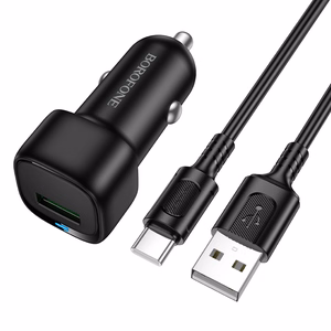 Borofone BZ34 Cloud -autolaturi - USB - QC 3.0 18W ja USB - Type C -kaapeli, musta