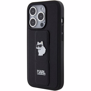 Karl Lagerfeld Gripstand Saffiano Choupette Pins Suojakuori iPhone 15 Prolle - musta