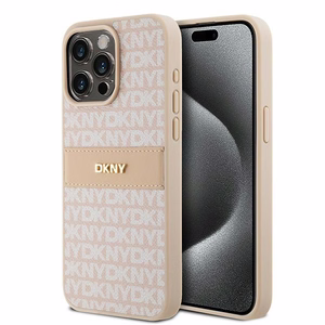 DKNY Nahkainen Mono Raita ja Metallinen Logo Suojakuori iPhone 15 Pro Max:lle - vaaleanpunainen