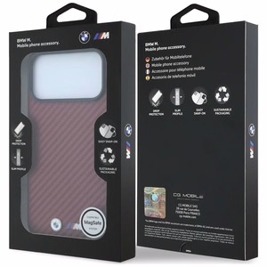 BMW suojakuori laitteelle iPhone 18 Pro / 17 Pro: (Carbon Metal Logo), MagSafe-yhteensopiva, väri: viininpunainen