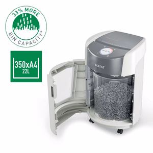 Leitz IQ OptiMax Small Office 350 – P-5-mikroleikkaava paperisilppuri, 22 l, valkoinen (83590000)