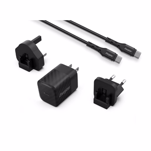 Energizer Ultimate A20MUC GaN-matkalaturi EU-, UK- ja US-pistokkeilla, USB-C, 20 W PD, USB-C-kaapelilla, musta