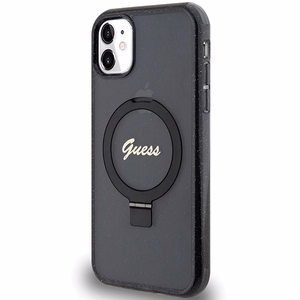 Guess Ring Stand Script Glitter MagSafe -suojakuori iPhone 11 / Xr:lle - musta