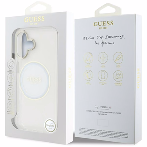 Guess IML Metal Colored Circle Classic Logo MagSafe Suojakuori iPhone 16:lle - valkoinen