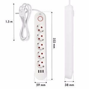 Maclean MCE395 W – power strip, 5 sockets + 3×USB, 110–240 V AC, 50/60 Hz, 2.1 A, up to 2500 W, 1.5 m, white