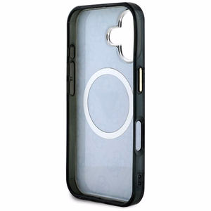 GUESS Suojakuori iPhone 16:lle MagSafe-yhteensopiva GUHMP16SHG4PRTGK (IML Metal Glitter 4G Circle Triangle) Musta