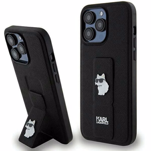Karl Lagerfeld Gripstand Saffiano Choupette Pins -suojakuori iPhone 13 Pro / 13:lle - musta