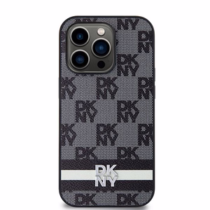 DKNY Nahkainen Checkered Mono Pattern & Printed Stripes Suojakuori iPhone 14 Pro:lle - musta