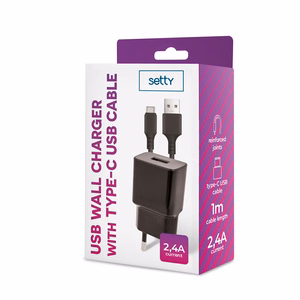 Setty charger 1x USB 2,4A black + USB-C cable 1,0 m NEW