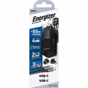 Energizer Ultimate A65MUC GaN-matkalaturi EU-, UK- ja US-pistokkeilla, USB-C + USB-A, 65 W PD, USB-C-kaapelilla, musta