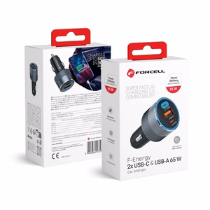 Autolaturi Forcell F-Energy Alu 2 x USB C + USB A QC4.0 PD SFC2.0 4,5A 65W harmaa