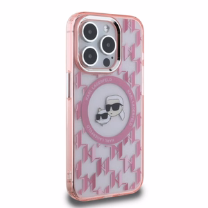 Karl Lagerfeld IML Monogram Karl & Choupette Head MagSafe Suojakuori iPhone 15 Pro Max:lle - Vaaleanpunainen
