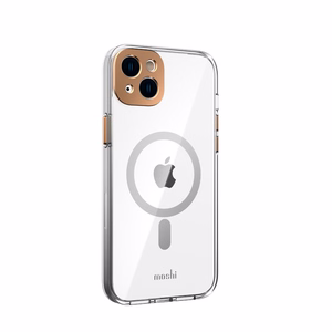 Moshi iGlaze suojakuori iPhone 14 Plus -laitteelle, MagSafe-yhteensopiva, läpinäkyvä Sunset Gold -yksityiskohdilla