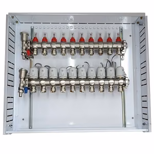 10-circuit underfloor heating manifold set with 230 V NC thermal actuators and flow meters