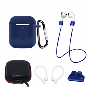 AirPods 2 / AirPods 1 silikoninen Suojakuori -setti + Suojakuori / korvakoukku / kaulahihna / kellohihnakiinnike / karabiinihaka - sininen