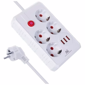 Maclean MCE393 W – jatkojohto pistorasioilla, 4 pistorasiaa + 3×USB, 110–240 V AC, 50/60 Hz, 2,1 A, enintään 2500 W, 3 m, valkoinen