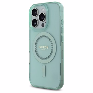 Guess IML Rhinestones MagSafe Suojakuori iPhone 16 Pro:lle - vihreä