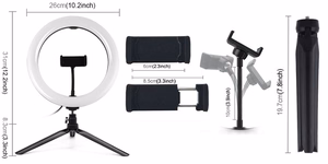 LED-rengasvalo 26cm jalustalla 8.3cm, puhelinpidike, USB