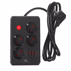 Maclean MCE392 B – jatkojohto pistorasioilla, 4 pistorasiaa + 3×USB, 110–240 V AC, 50/60 Hz, 2,1 A, enintään 2500 W, 1,5 m, musta