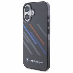 BMW Motosport IML Random Stripes Suojakuori iPhone 16 Plus:lle - musta