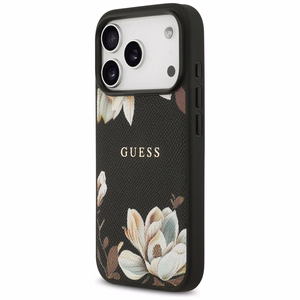 Guess Grained Flowers Classic Logo MagSafe -suojakuori iPhone 17 Pro - musta