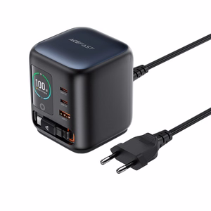 Acefast Z10 GaN 100 W 3 × USB -pöytälaturi sisäänvedettävällä USB-C-kaapelilla ja TFT-näytöllä, musta