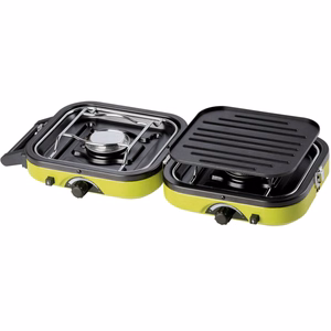Meva DUAL COMPACT + GRILL retkikaasukeitin kaasupatruunoille, taitettava 2-polttiminen malli grillilevyllä
