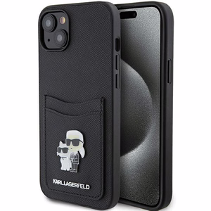 Karl Lagerfeld Saffiano Cardslot Karl&Choupette Metal Pin suojakuori iPhone 15:lle - musta