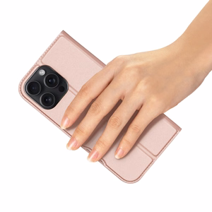 Dux Ducis Skin Pro Suojakuori iPhone 16 Pro Max:lle kansiosella ja korttilokerolla - vaaleanpunainen