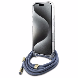 Guess Crossbody Cord 4G Print Suojakuori hihnalenkkillä iPhone 16:lle - sininen